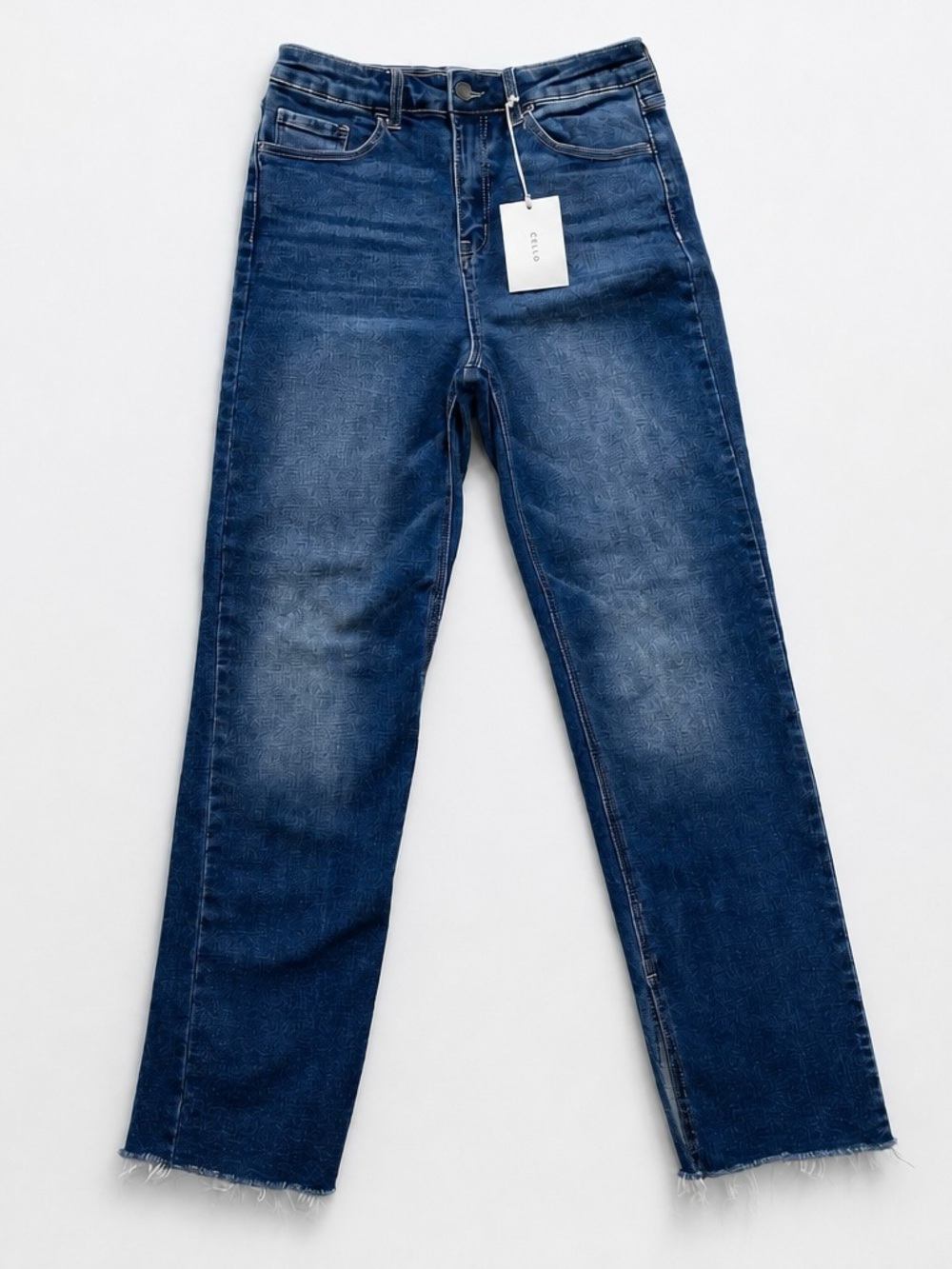 NWT CELLO High Rise Straight Jeans Size 5 Raw Hem Medium Wash Stretch Denim